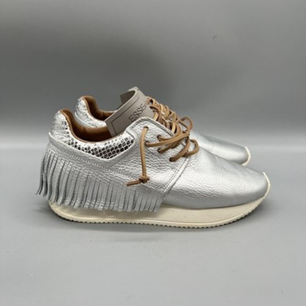 ESSEutESSE Shoes Women 5.5 Silver Leather Fringe Low Top Sneakers Comfort Casual